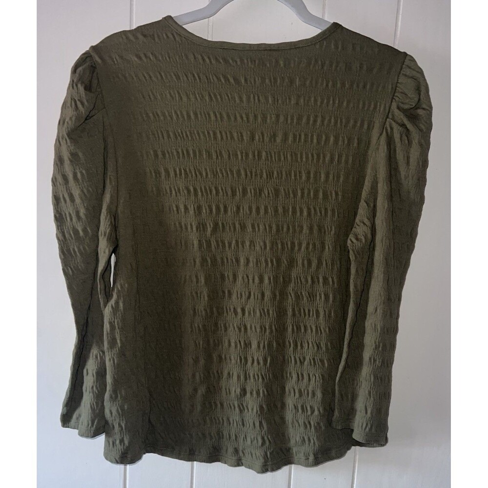 Frye and Co Women's Scoop Neck M Elbow Sleeve Blouse Burnt Olive Green Tie Front - Picture 2 of 7